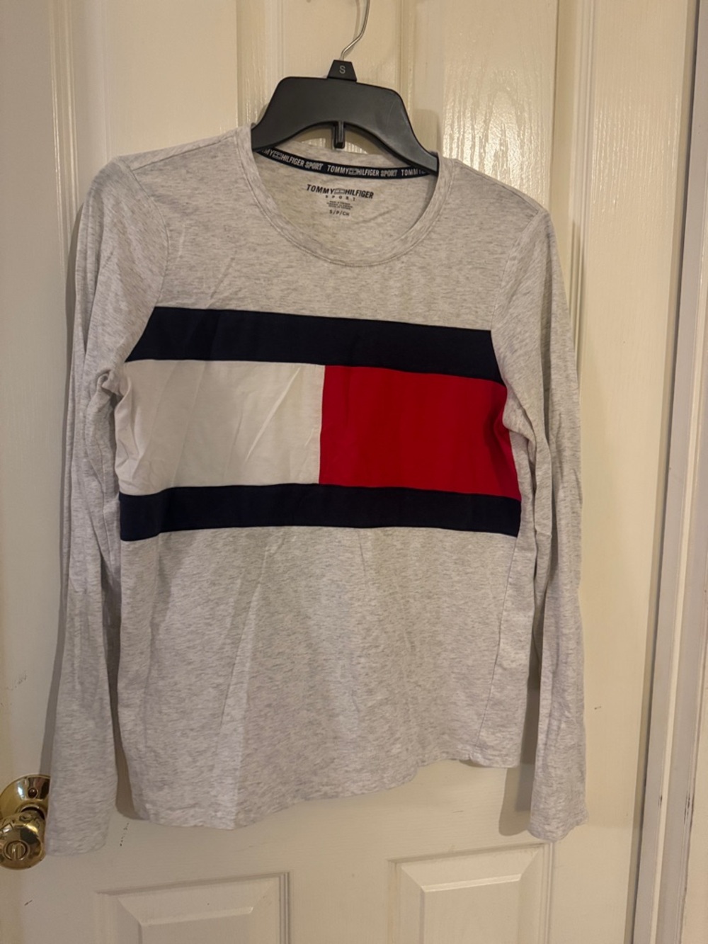 Tommy Hilfiger Heather Gray Long Sleeve Tee with Flag Stripe